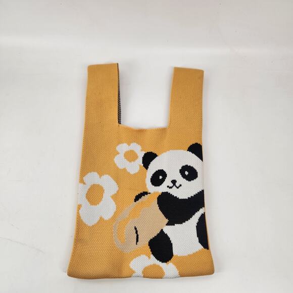 Lot Of 2 Panda Knitted Tote Hand Mini Bag Yellow Kawaii Travel Casual Whimsical - Picture 5 of 9